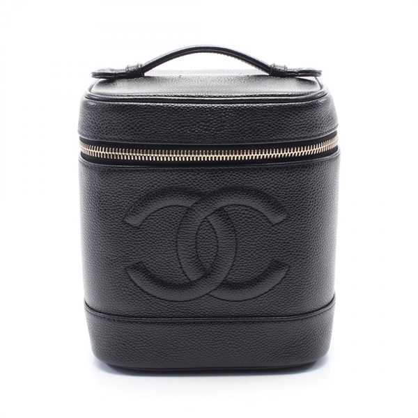 CHANEL COCO Mark Hand vanity vertical zip bag A01998 leather Black Used GHW
